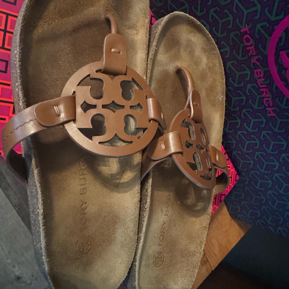 Tory Burch Miller Cloud Tan Logo Sandals